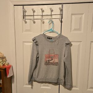 Gray and Pink Crew Neck Sweater with Graphic Design